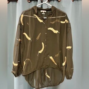 MM Vintage Sheer Olive Blouse with Gold Feather Accents. Size small.